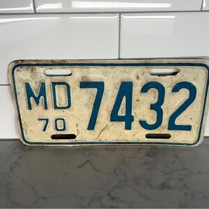Vintage 1970 Maryland Blue and White License Plate